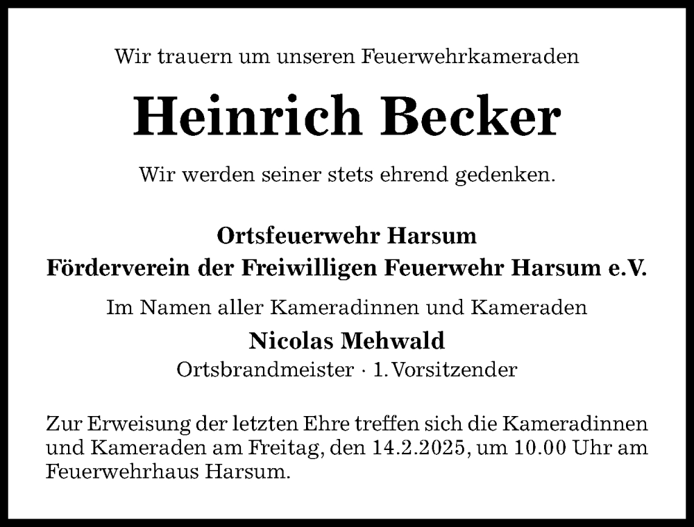  Traueranzeige für Heinrich Becker vom 12.02.2025 aus Hildesheimer Allgemeine Zeitung