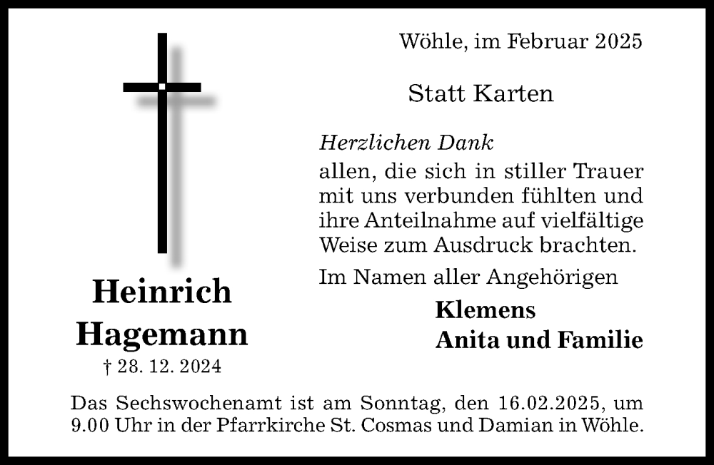  Traueranzeige für Heinrich Hagemann vom 12.02.2025 aus Hildesheimer Allgemeine Zeitung