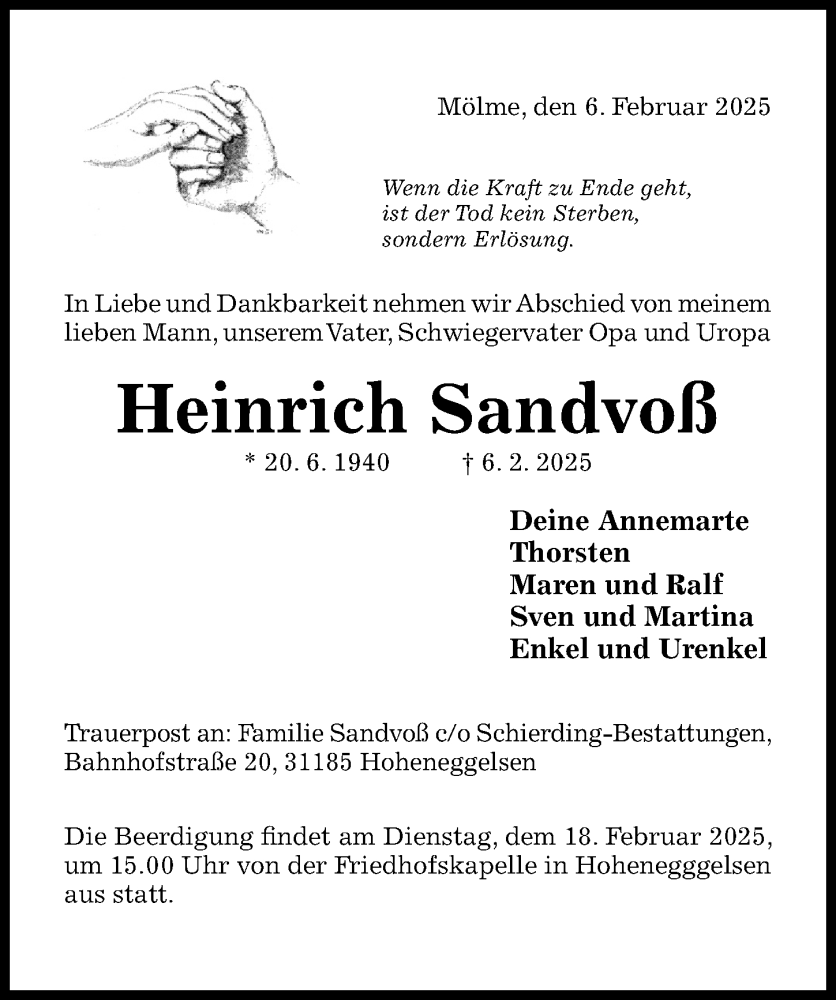  Traueranzeige für Heinrich Sandvoß vom 12.02.2025 aus Hildesheimer Allgemeine Zeitung