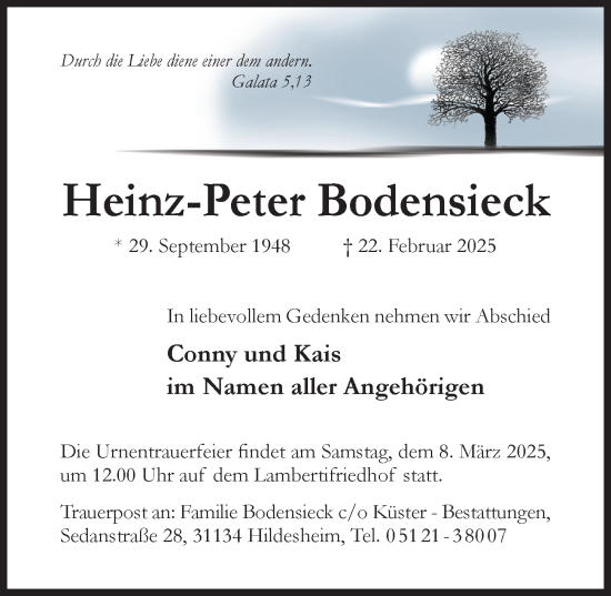 Traueranzeige von Heinz-Peter Bodensieck von Hildesheimer Allgemeine Zeitung