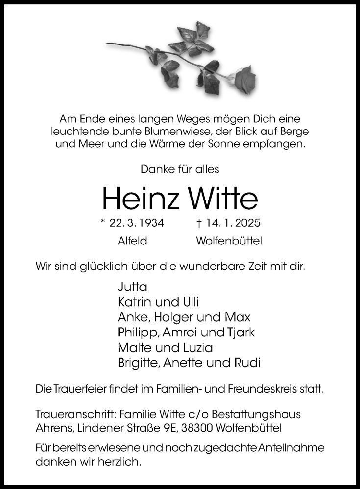  Traueranzeige für Heinz Witte vom 01.02.2025 aus Hildesheimer Allgemeine Zeitung