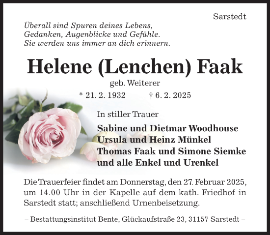 Traueranzeige von Helene  Faak von Hildesheimer Allgemeine Zeitung