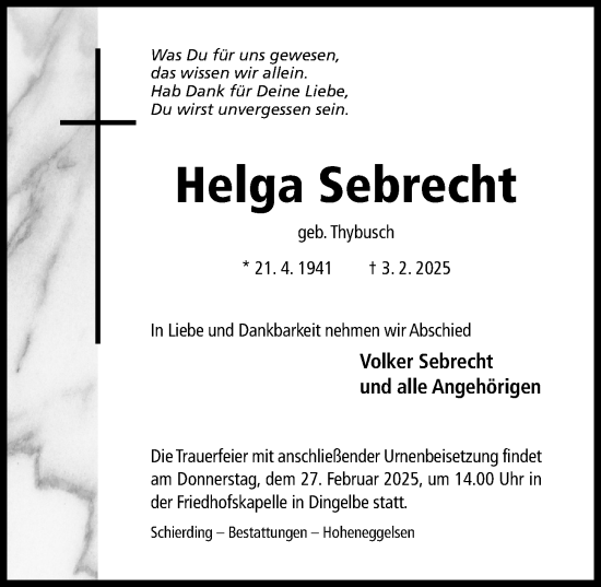 Traueranzeige von Helga Sebrecht von Hildesheimer Allgemeine Zeitung