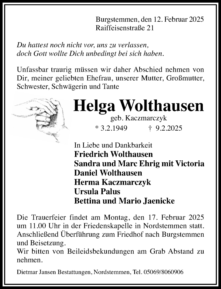  Traueranzeige für Helga Wolthausen vom 12.02.2025 aus Hildesheimer Allgemeine Zeitung