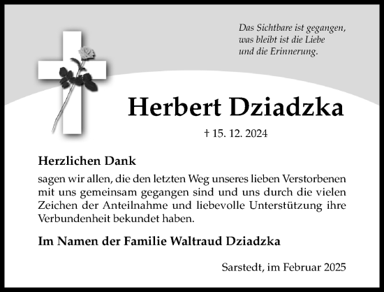 Traueranzeige von Herbert Dziadzka von Hildesheimer Allgemeine Zeitung