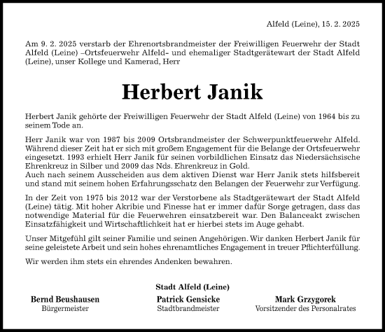 Traueranzeige von Herbert Janik von Hildesheimer Allgemeine Zeitung