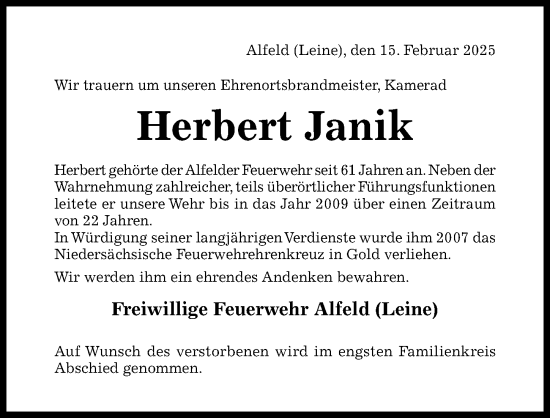 Traueranzeige von Herbert Janik von Hildesheimer Allgemeine Zeitung