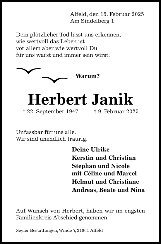 Traueranzeige von Herbert Janik von Hildesheimer Allgemeine Zeitung