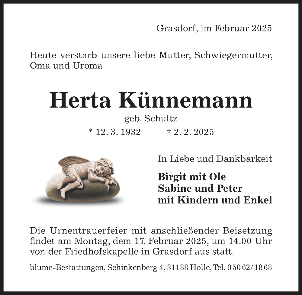  Traueranzeige für Herta Künnemann vom 12.02.2025 aus Hildesheimer Allgemeine Zeitung