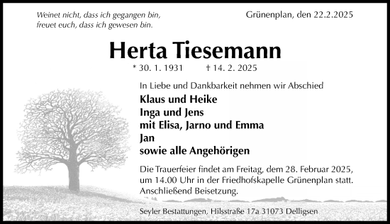 Traueranzeige von Herta Tiesemann von Hildesheimer Allgemeine Zeitung