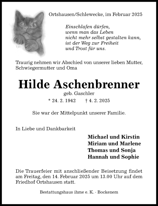 Traueranzeige von Hilde Aschenbrenner von Hildesheimer Allgemeine Zeitung