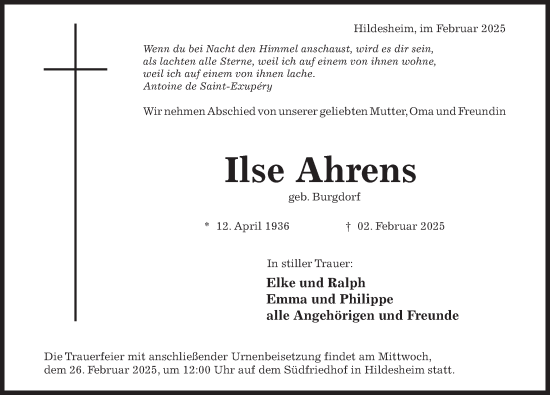 Traueranzeige von Ilse Ahrens von Hildesheimer Allgemeine Zeitung