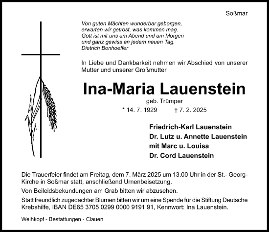 Traueranzeige von Ina-Maria Lauenstein von Hildesheimer Allgemeine Zeitung