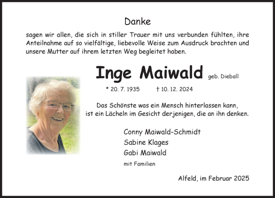 Traueranzeige von Inge Maiwald von Hildesheimer Allgemeine Zeitung