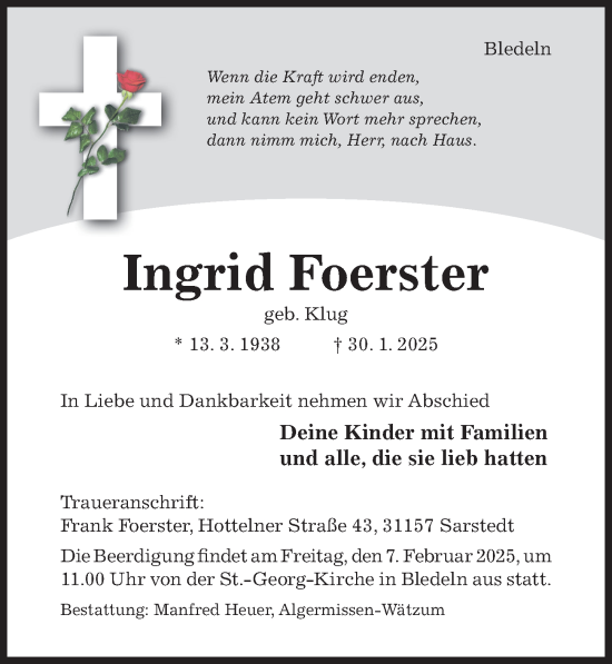 Traueranzeige von Ingrid Foerster von Hildesheimer Allgemeine Zeitung