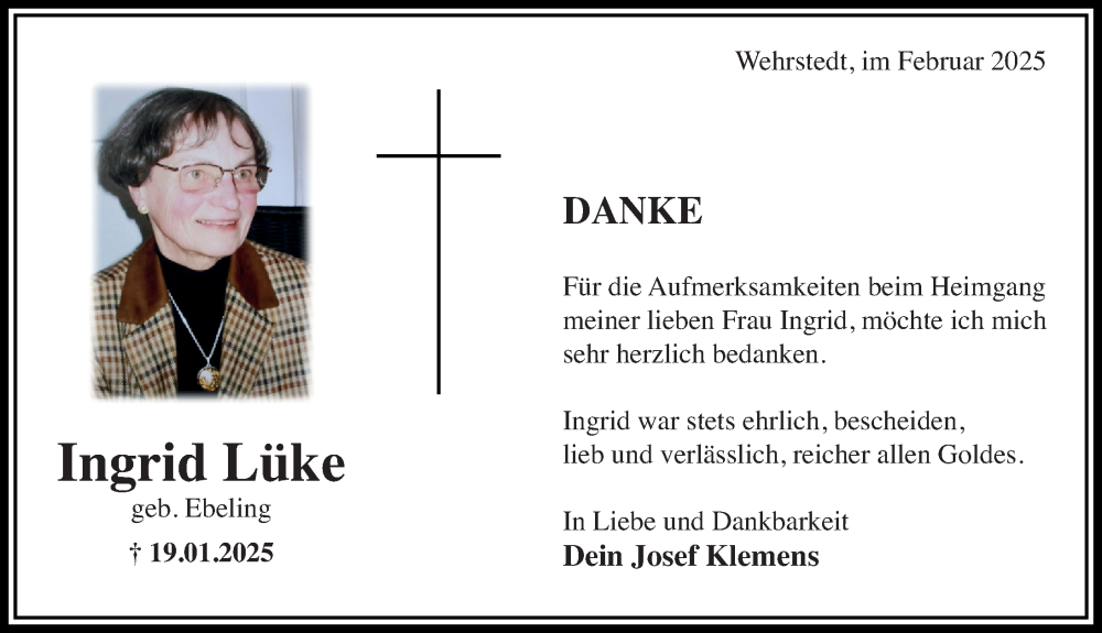  Traueranzeige für Ingrid Lüke vom 12.02.2025 aus Hildesheimer Allgemeine Zeitung