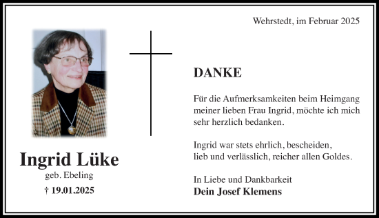 Traueranzeige von Ingrid Lüke von Hildesheimer Allgemeine Zeitung