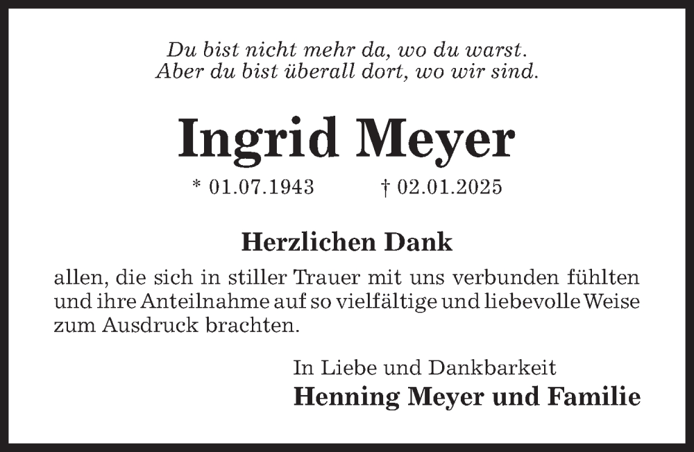  Traueranzeige für Ingrid Meyer vom 12.02.2025 aus Hildesheimer Allgemeine Zeitung