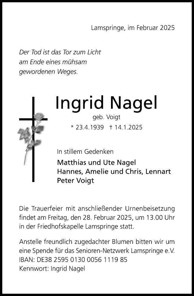  Traueranzeige für Ingrid Nagel vom 12.02.2025 aus Hildesheimer Allgemeine Zeitung