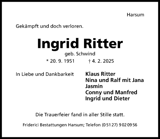 Traueranzeige von Ingrid Ritter von Hildesheimer Allgemeine Zeitung