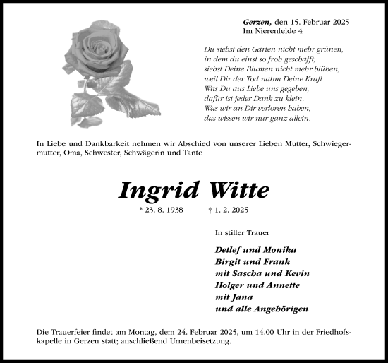 Traueranzeige von Ingrid Witte von Hildesheimer Allgemeine Zeitung