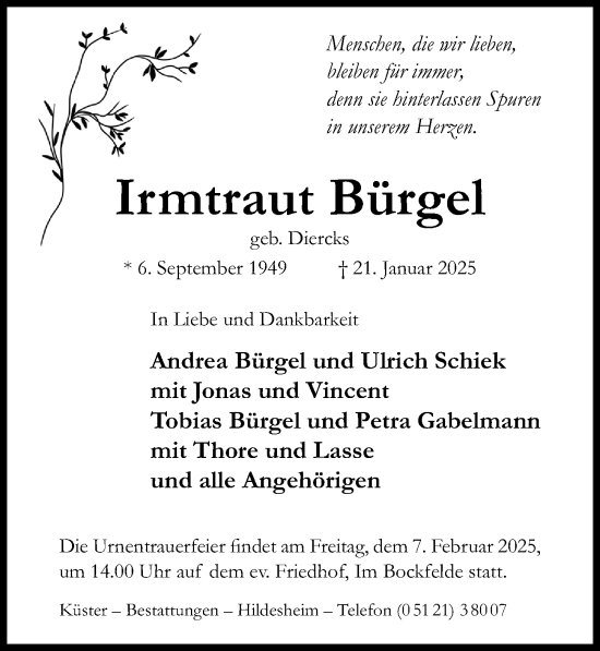 Traueranzeige von Irmtraut Bürgel von Hildesheimer Allgemeine Zeitung