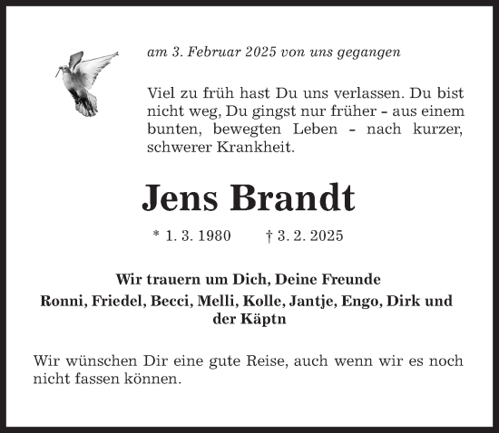Traueranzeige von Jens Brandt von Hildesheimer Allgemeine Zeitung