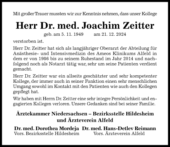 Traueranzeige von Joachim Zeitter von Hildesheimer Allgemeine Zeitung
