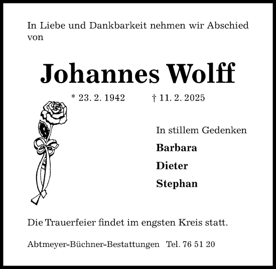 Traueranzeige von Johannes Wolff von Hildesheimer Allgemeine Zeitung