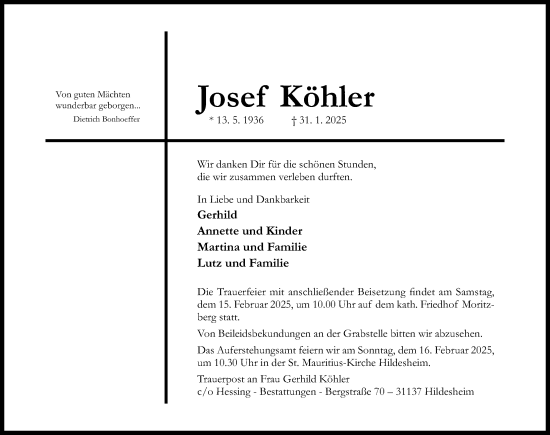 Traueranzeige von Josef Köhler von Hildesheimer Allgemeine Zeitung