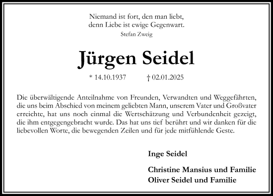 Traueranzeige von Jürgen Seidel von Hildesheimer Allgemeine Zeitung