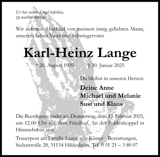 Traueranzeige von Karl-Heinz Lange von Hildesheimer Allgemeine Zeitung