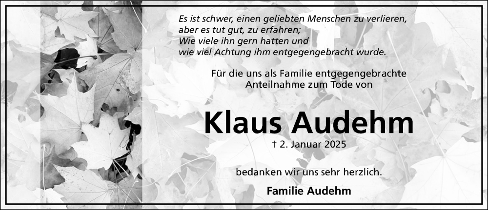  Traueranzeige für Klaus Audehm vom 12.02.2025 aus Hildesheimer Allgemeine Zeitung