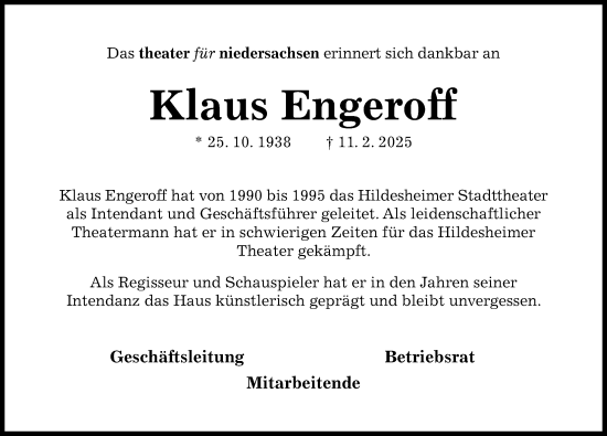 Traueranzeige von Klaus Engeroff von Hildesheimer Allgemeine Zeitung