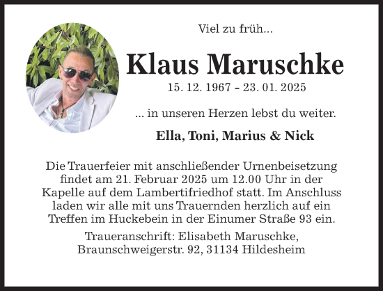 Traueranzeige von Klaus Maruschke von Hildesheimer Allgemeine Zeitung