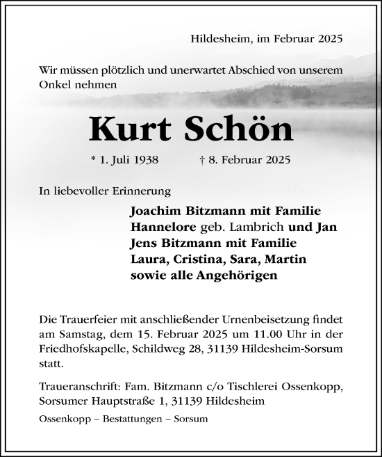 Traueranzeige von Kurt Schön von Hildesheimer Allgemeine Zeitung