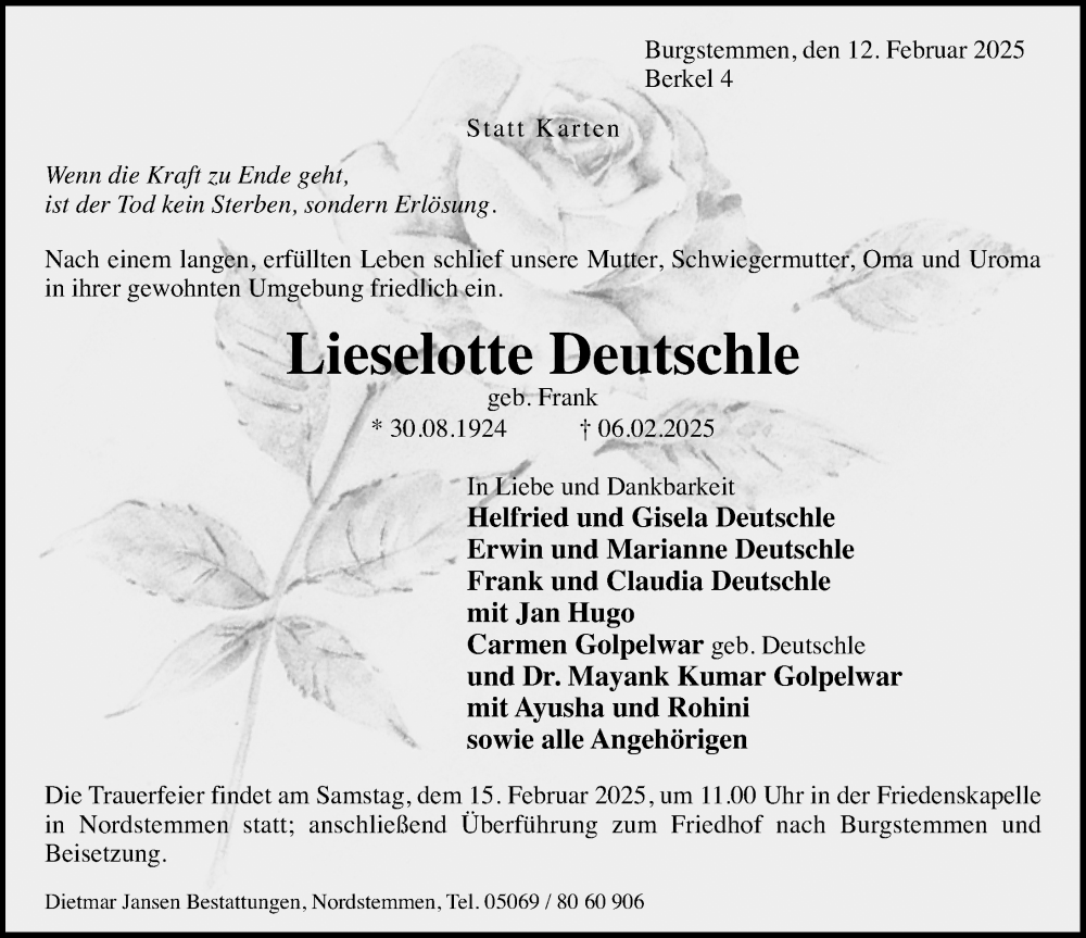  Traueranzeige für Lieselotte Deutschle vom 12.02.2025 aus Hildesheimer Allgemeine Zeitung