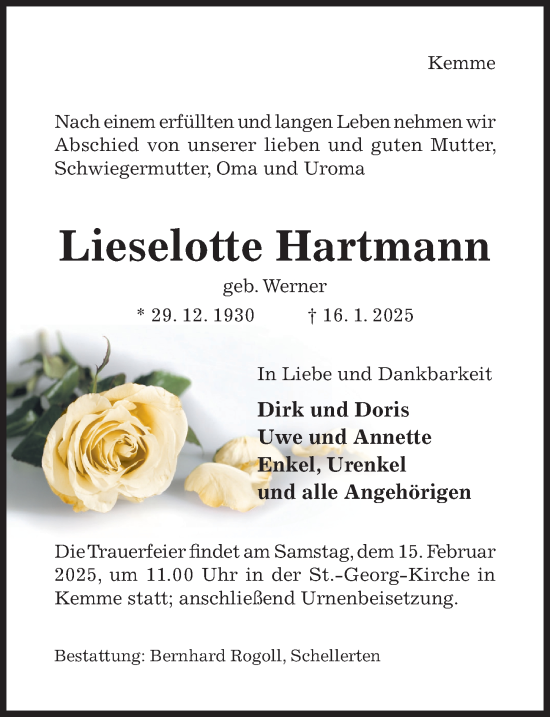 Traueranzeige von Lieselotte Hartmann von Hildesheimer Allgemeine Zeitung