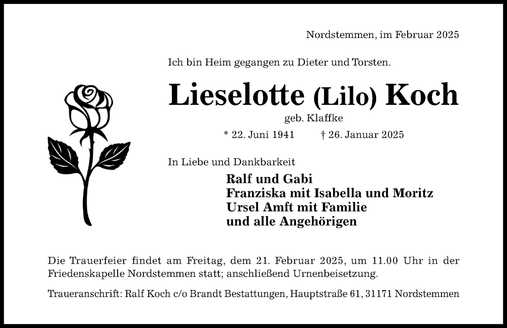  Traueranzeige für Lieselotte Koch vom 08.02.2025 aus Hildesheimer Allgemeine Zeitung