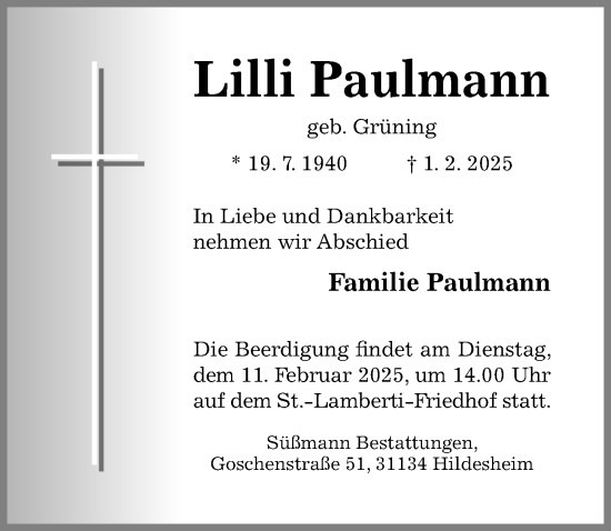 Traueranzeige von Lilli Paulmann von Hildesheimer Allgemeine Zeitung