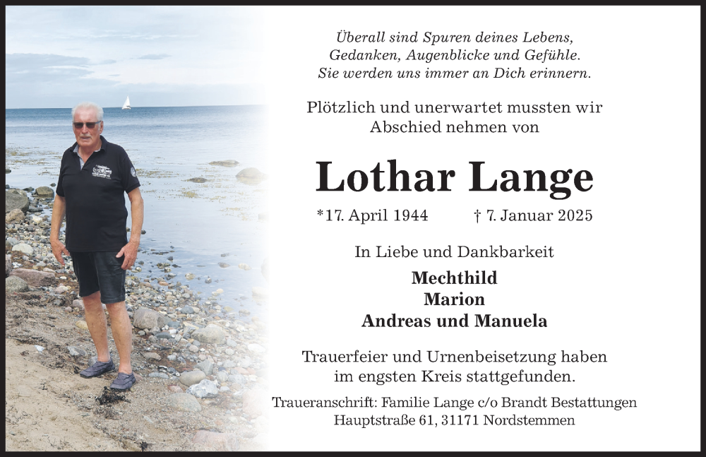  Traueranzeige für Lothar Lange vom 05.02.2025 aus Hildesheimer Allgemeine Zeitung