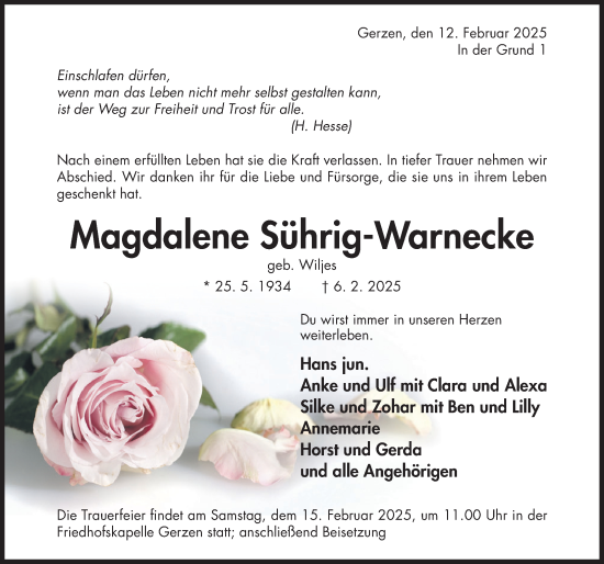 Traueranzeige von Magdalene Sührig-Warnecke von Hildesheimer Allgemeine Zeitung