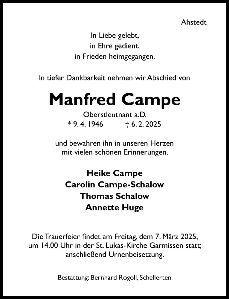  Traueranzeige für Manfred Campe vom 15.02.2025 aus Hildesheimer Allgemeine Zeitung