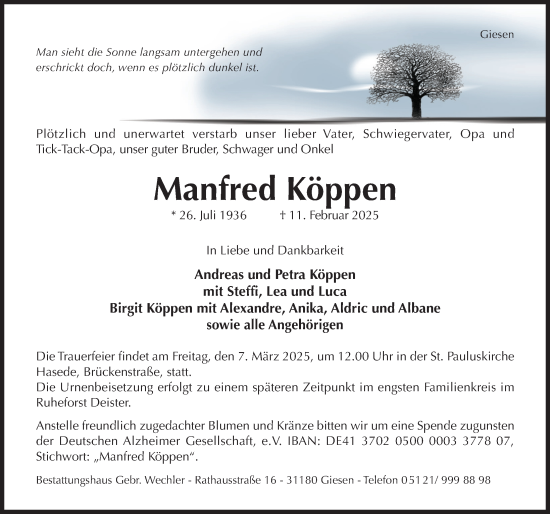 Traueranzeige von Manfred Köppen von Hildesheimer Allgemeine Zeitung