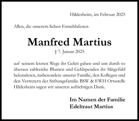 Traueranzeige von Manfred Martius von Hildesheimer Allgemeine Zeitung