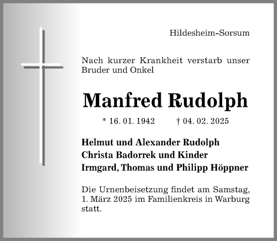 Traueranzeige von Manfred Rudolph von Hildesheimer Allgemeine Zeitung