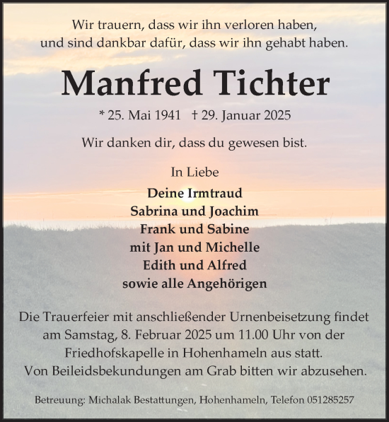 Traueranzeige von Manfred Tichter von Hildesheimer Allgemeine Zeitung