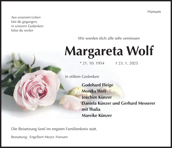 Traueranzeige von Margareta Wolf von Hildesheimer Allgemeine Zeitung