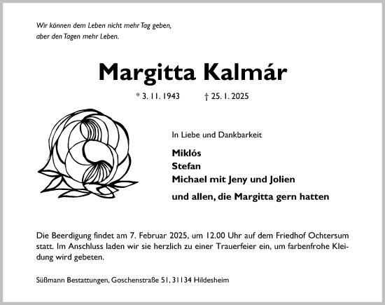 Traueranzeige von Margitta Kalmár von Hildesheimer Allgemeine Zeitung