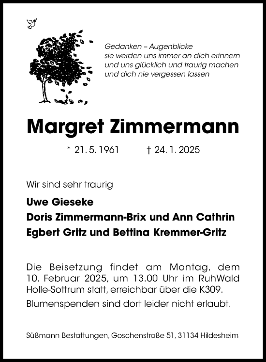 Traueranzeige von Margret Zimmermann von Hildesheimer Allgemeine Zeitung